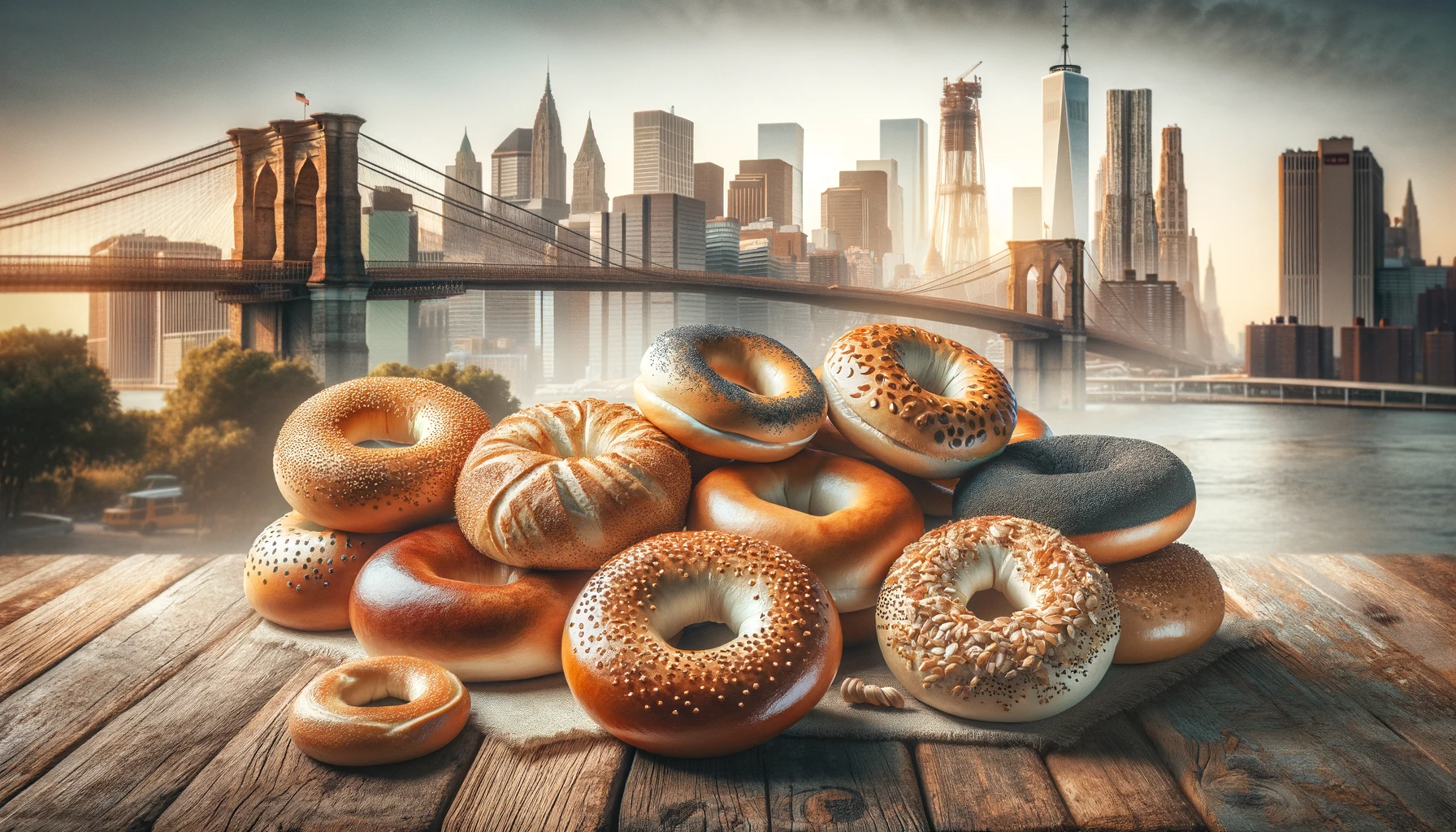 Assorted NY bagels on wooden table, highlighting NY water and bagels concept with New York Watermaker influence, NYC landmarks in background."